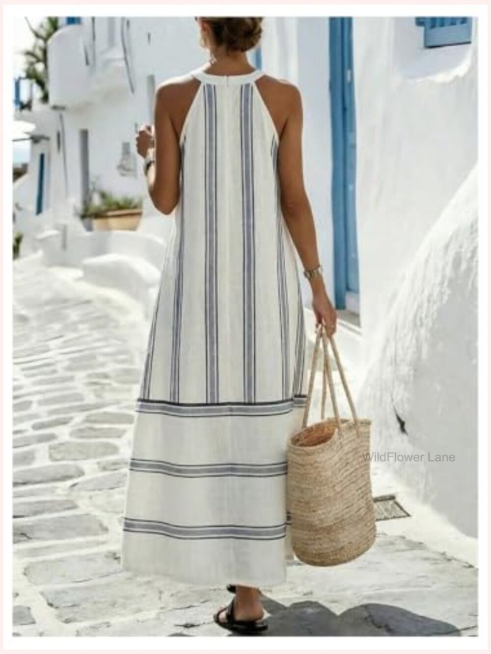 Striped Halter Maxi Dress Sleeveless A-Line Flowy Summer Casual Long Sundress - Picture 2 of 6